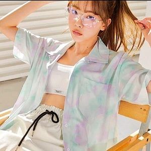 Womens oversized short sleeve button up